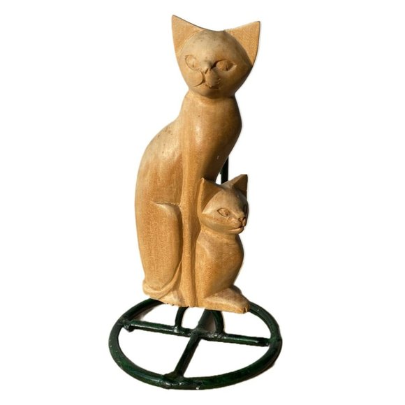 Vintage Wood Carved Cats & Candle Holder Artisan Handcrafted Modernist - Picture 7 of 13